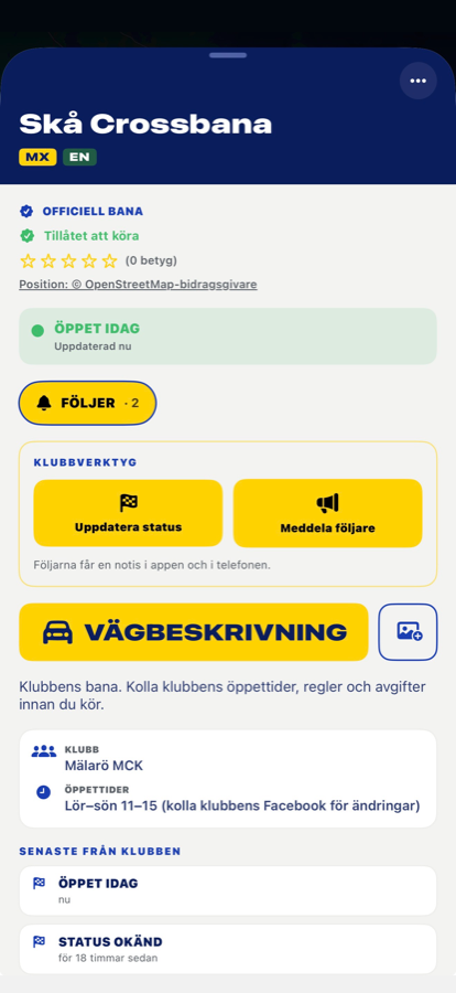 En bana i Maxvarv med Öppet idag och klubbverktyg
