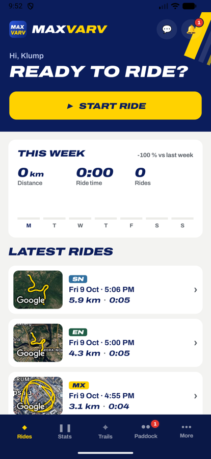 The Maxvarv app: home screen with this week's rides